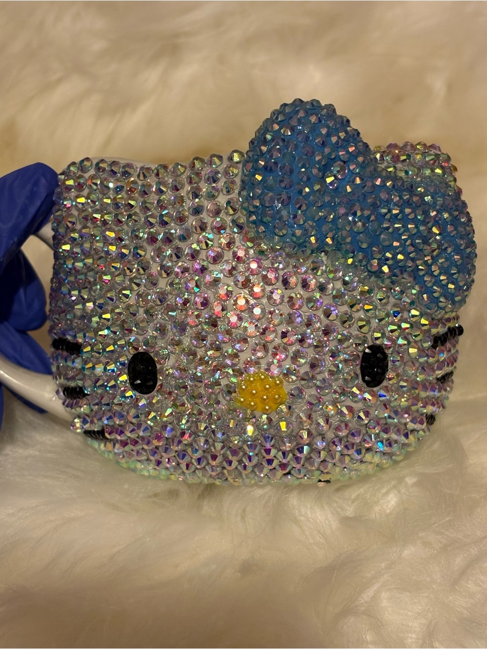 Rhinestone Sparkle Cat Face Hair Clip - Blue Bow